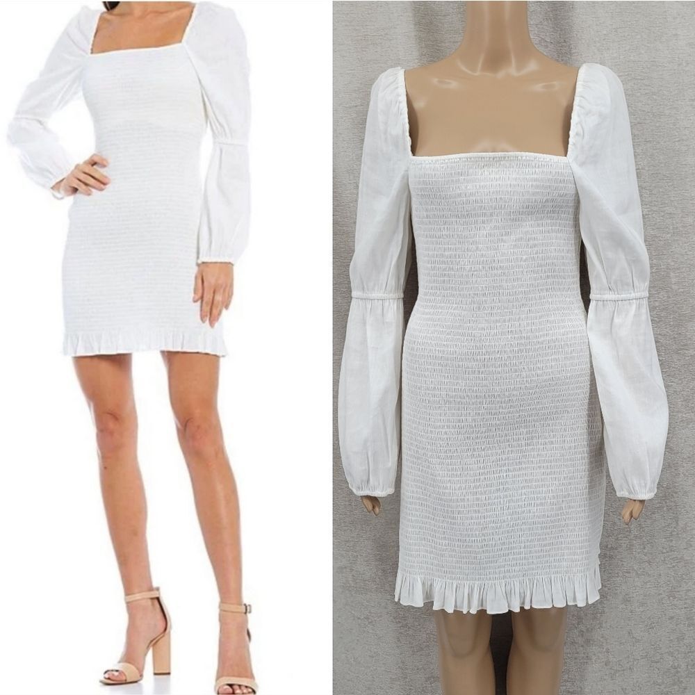 Gianni Bini Tally Smocked Linen Blend White Puff Long Sleeve Dress Large NEW - Picture 2 of 16